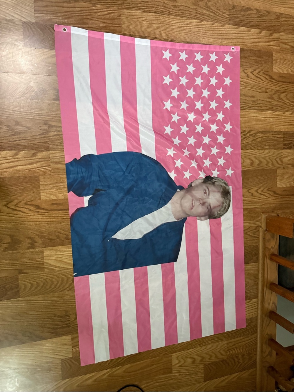 Pink & White Star Stripe Flag with Blue Figure Print.